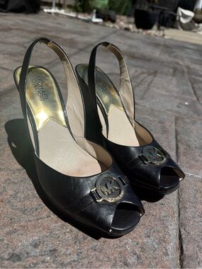 Michael Kors Black Peep-Toe Slingback Heels with Gold MK Emblem Wedges